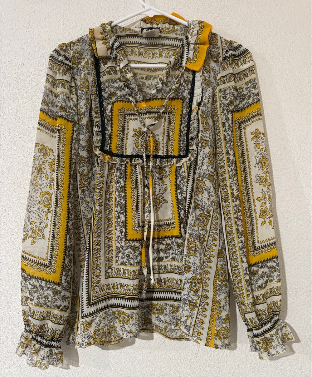 Lily White Boho Chiffon Floral Border Print Blouse Small Ruffle Tie Neck Brunch